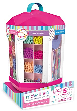 Make it Real 5 in 1 Activity Tower - Jewelry Making Kit with Storage - Heishi Beads, Plastic Links, Mini Rubber Bands, Round Beads & Thread - Friendship Bracelet Making Kit for Girls 8-10-12-14