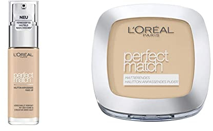 L'Oréal Paris Make up, Flüssige Foundation mit Hyaluron und Aloe Vera, Perfect Match Make-Up, Nr. 1.N Ivoire/Ivory, 30 ml & Puder Make up, Mattierendes Kompaktpuder mit LSF 8, Nr. 4.N Beige, 9 g