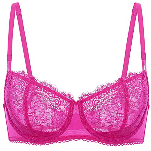 DOBREVA Women's Lace Balconette Bra Half Cup Non Padded Push Up Underwire Sheer Bras Bright Fuchsia 42B