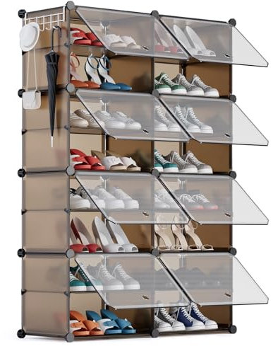 YIHATA Zapatero, 16 Compartimentos (2 x 8) para 32 Pares, Armario Paneles de Plástico, para Dormitorio Sala de Estar, Recibidores, Marrón, Modular, Estantería, 30 x 40 x 30 cm Cada Cubo