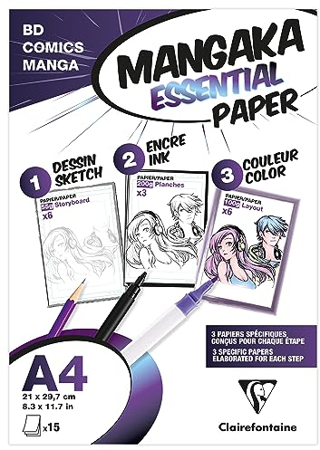 Clairefontaine 94050C - Packung Mangaka Essential Paper, 15 Bogen sortiert, DIN A4 21x29,7 cm, um das Zeichnen von Manga zu entdecken, Weiß, 1 Pack