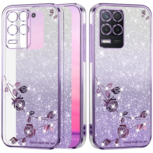 Yarxiawin Kompatibel mit Realme 8 5G hülle Silikon Case Glitzer Blumen Muster Aesthetic Clear View, Handyhülle Realme 8 5G hülle Durchsichtig Dünn Schutzhülle Transparent Cover (Lila)