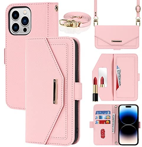 Cavor Case compatible with iPhone 14 Pro Phone Case With Strap,Crossbody Flip Leather Wallet Case,[5 Card Holder][Mirror][Magnetic],Lanyard Case Cover for women - Pink