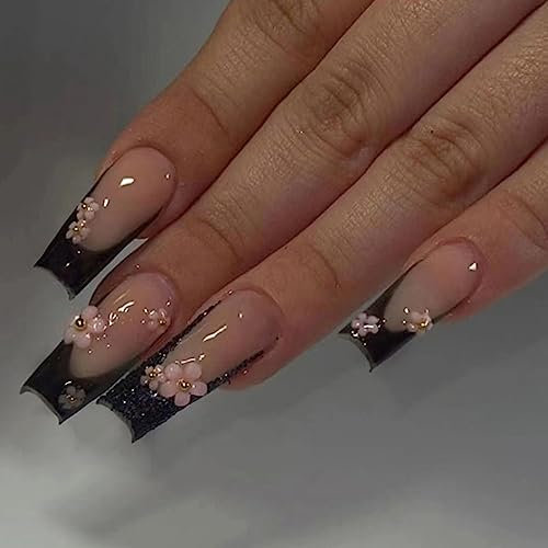 Ceboic 24Pcs Long Coffin False Nails French Tip Ballerina Press on Nails 3D Pink Flowers Fake Nail with Elegant Designs Reusable Acrylic Full Cover Stick on Nail for Women Girls Daily Wear Salon