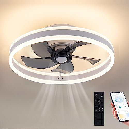 Honeyhouse Φ55cm Ceiling Fan with Light - Indoor Flush Mount Dimmable Low Profile LED Ceiling Fans with Remote Control,Smart 3 Light Color Change and 6 Speeds for Bedroom Living Room Kitchen