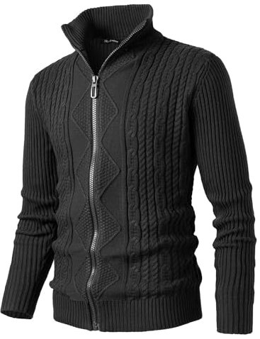 Harbrosrce Men's Cable Knit Cardigan Casual Stand Collar Sweaters Slim Fit Full Zip Jumper Knitwear Jacket for Winter Autumn Black