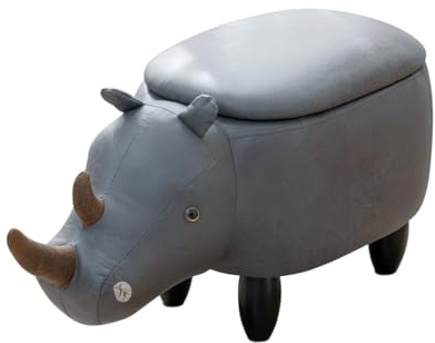 SVITA Tierhocker mit Stauraum Kinderhocker Ordnungshelfer Sitzhocker Polster mit Holzbeinen Kinderzimmer Deko Sitzbox Tier-Motiv Nashorn