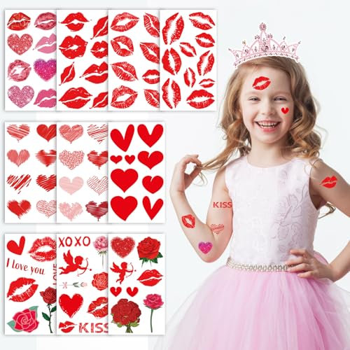 Konsait Valentine's Day Temporary Tattoos With Hearts and Lips - Rose Pattern Fake Tattoos for Women and Girls - 10 Sheets Party Supplies