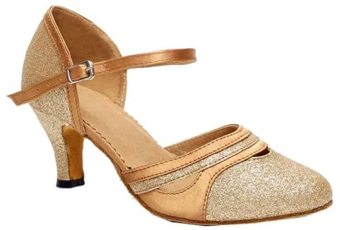 SH. SHUTUP.DANCE Damen Glitzer Ballsaal Tanzschuhe Praxis Latein Mid Heel 7,5 CM Salsa Pumps Tango Jazz Chacha Maßgeschneiderte Ferse, gold, 42 EU