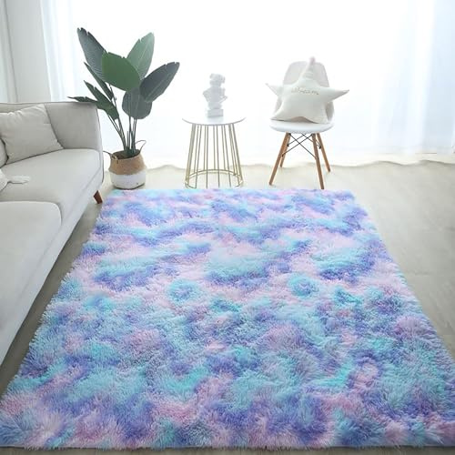 EMPVEX Luxuriöser Teppich für Schlafzimmer, flauschiger blau-violetter Batik-Teppich, Wohnzimmer, 3-lagiges Material, Teppich, Kinderzimmer, Blau/Lila, 160 x 230 cm
