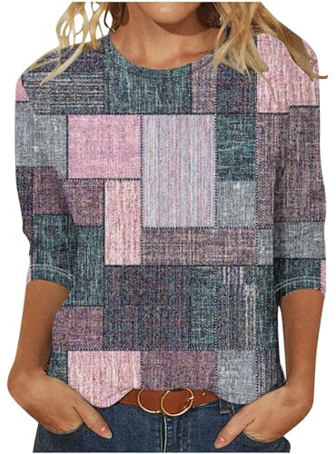 EMATOP alle Angebote 3/4 Ärmel Tunika Tops Damen Sommer Sport Oberteile Leicht Baumwolle Bluse Longshirt Schön Blumen Aufdruck Sommershirts Rundhals Blusenshirt Casual Oberteil Tshirt