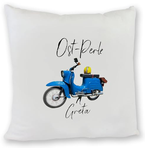Kilala Kissen Motiv Schwalbe Flauschiges Dekokissen Simson Schwalbe Kissen Ost-Perle DDR Moped mit Wunschname (flauschig/blau)