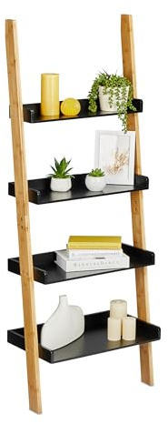 Relaxdays Leiterregal, 4 Ablagen, HxBxT: 145 x 56 x 30 cm, Bambus, MDF, Bücherregal, Badezimmer Regal, Natur/schwarz