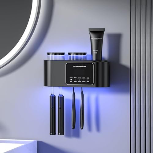 Zahnbürstenhalter zur Wandmontage, Badezimmer-Zahnbürstenhalter-Set für Kinder und Erwachsene, 4 Pinselschlitzen, 2 Magnetischen, Bechern Badezimmer Organizer (2 Tassen - Schwarz)