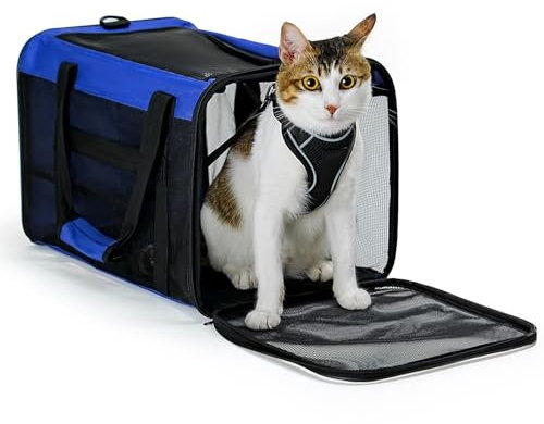 Conlun Katzentransportbox,Weiche Katzentransporttasche mit 4-seitigem Netz, Flugzeugtaugliche Katzentasche für Kleine&Mittelgroße Katze Kätzchen Welpen bis 6 Kg, Hundetransportbox Faltbar-M, Blau