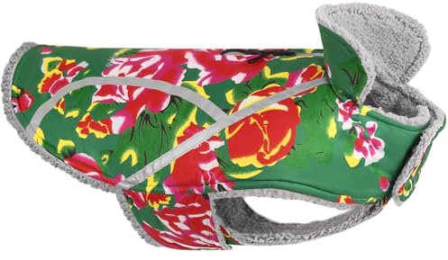 VIVAGLORY Hunde Wintermantel, Winddicht Hunde Wintermantel mit Bauchschutz, Verstellbar Hundejacke Warme Fleece-gefüttert für Kleine Mittlere Große Hunde, Nordwest Blumen-Grün