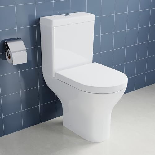 ELEGANT White 2-Piece Ceramic Toilets and Cisterns with Gloss White, Modern Close Coupled Toilet with Soft Close Seat Bathroom WC, Narrow Shape Toilet D Shape Pan Seat