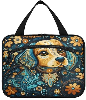 Linnyio Chien À Motif Floral Trousse de Toilette de Voyage Suspendue Maquillage,Grande Capacité Pliable Rangement Sacs de Lavage pour Femmes Filles
