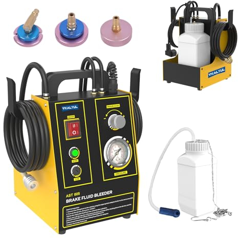 VKALTUL Auto Bremsenentlüftungsgerät 220V, Kfz-Bremsöltauscher mit 1.5L Altölflasche 3 Adaptern, Pulsierendes Automatisch Bremsenentlüftungsset mit Drucküberwachung/Einstellbarem Druck (0.7-2.5bar)