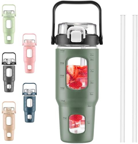BLUEGO 960ml Gourd en verre Avec paille Marqueur de temps Bouteille d'eau Motivation avec manchon en silicone 1 litre Grande carafe d'eau en Verre pour Gym, sports et entraînement, Olive