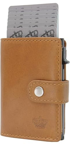 BAUR Slim Wallet mit Münzfach I Echtleder Kreditkartenetui für Herren I Aluminium Pop-Up Case mit RFID-Schutz I Smart Wallet I Kleine Geldbörse (Münzfach mit Reißverschluss, Cognac)