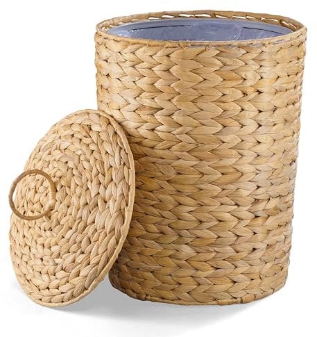 BLUEWEST Wicker Trash Can with Lid and Removable Liner, Wicker Rattan Bathroom Trash Can, Large Woven Bin for Office, Hyacinth Waste Basket for Home Kitchen (Natural, 3 Gallons)
