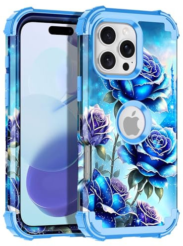 Petocase for iPhone 16 Pro Case,Glow in The Dark Three Layer Heavy Duty Shockproof Full Protection Hard Plastic Bumper+Soft Silicone Case for Apple iPhone 16 Pro 6.3 inch,Blue Rose