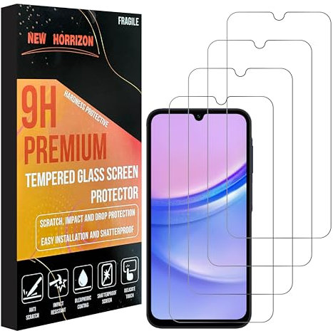 New Horrizon [4-Pack Screen Protector for Samsung Galaxy A15 4G / 5G (6.5-Inch), [LifetimeSupport] Mobile Tempered Glass Screen Protector, [Impact-Protection][Anti-Shatter][Anti-Scratch] - (4-Pack)