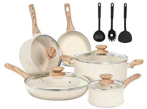 HJZSZX Juego de 12 ollas y sartenes antiadherentes para cocina de inducción de granito blanco con sartenes, juego de 12 piezas