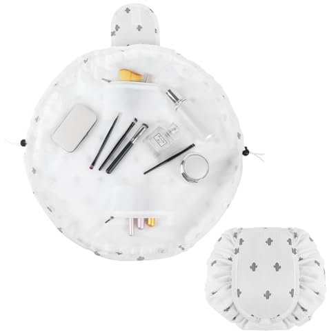 URAQT Kosmetiktasche mit Kordelzug, Lazy Kosmetikbeutel, Groß Kapazität Make Up Tasche, One-Step Organizer Makeup Tasche Schminkbeutel für Lazy Damen (Weißer Kaktus)