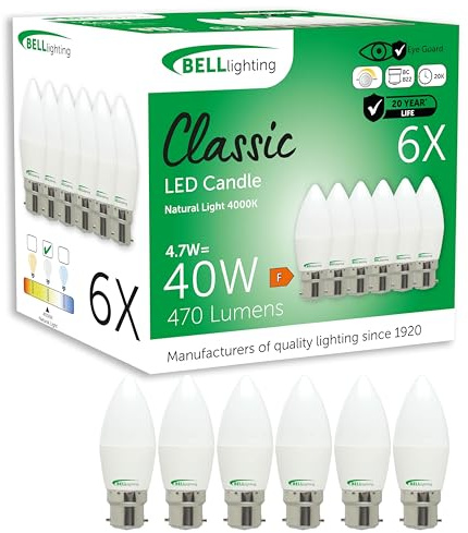 BELL Lighting B22 Dimmable LED Candle Bulbs Natural White 4.7W 470lm 6 Pack | Dimmable B22 bayonet LED candle bulbs with 4000K natural white light, 470lm brightness and 40W equivalent output for lamps.