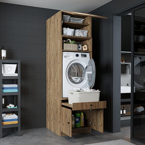 ROOMART Waschmaschinenschrank mit Ausziehplatte – platzsparend | Eiche, 1 Schrank - (230 cm hoch), Ausziehbrett für Wäschekorb, E1-Melaminharzplatten, Feuchtigkeitsbeständig