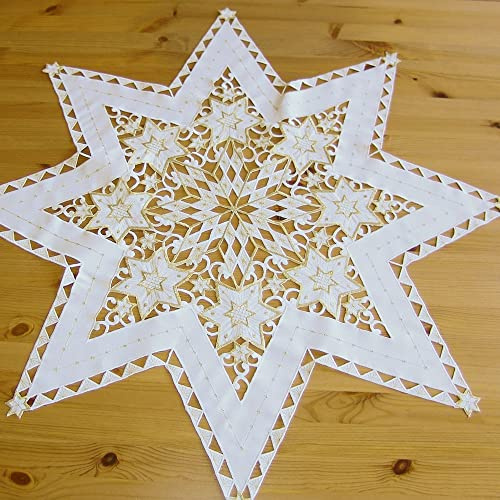 matches21 HOME & HOBBY Tischdecke Selina Ø 85 cm Ecru Lochstickerei Gold Stern-Form Mitteldecke Weihnachten Polyester