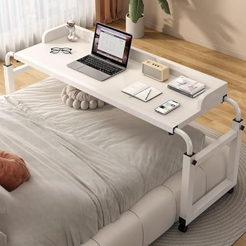 WUDLEP Height Adjustable Overbed Table with Wheels, Mobile Over Bed Desk with Adjustable Tilt Stand, Mobile Laptop Cart Computer Desk, White