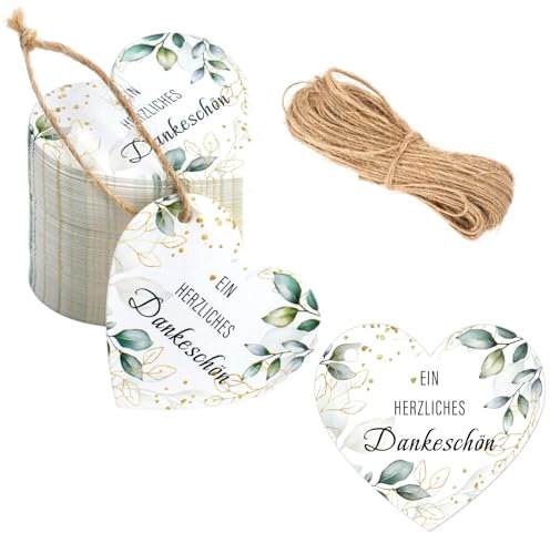 100 Stück EIN HERZLICHES DANKESCHÖN Geschenkanhänger, 5cm Herz Danke Anhänger, Dankeschön Geschenke Anhänger mit 20m Schnur,Eukalyptus Etiketten Anhänger für Babypartys,Hochzeiten,Kommunion