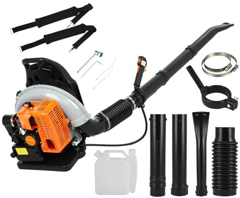 Soffiatore per Foglie a Gas 63CC, Spazzaneve a Zaino 2 Tempi, Motore 3HP 6800RPM, Serbatoio 1.7L, Aria 665 CFM 205 MPH, Cura del Giardino, Pulizia Foglie, Rimozione Neve, Tubo Regolabile (Arancione)