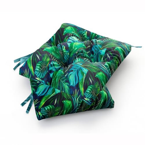 Wasserdichtes Stuhlkissen 45x45 cm – Gartenkissen für Stühle & Sessel – Dickes Sitzkissen 6 cm – Outdoor Sitzauflage für Gartenmöbel – Wetterfest & Pflegeleicht - 4er Set - Blaue Blätter