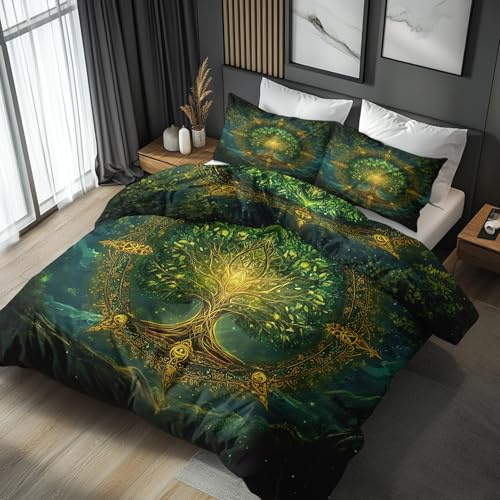 Generisch Bettwäsche 135x200 Grün Baum des Lebens Design, 2teilig - Wikinger Boho Fantasy Bettbezug und 1 Kissenbezug 80x80, Wendebettwäsche, Schlafzimmer Deko, Mikrofaser, mit Reißverschluss 6Dfp-81