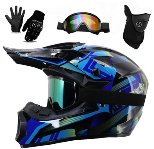 Jugend Erwachsene Elektro Dirt Bike Motorrad Helm Set für Jungen Mädchen Quad Bikes BMX MTB ATV Offroad Helm mit Schutzbrille Handschuhe Maske DOT Genehmigt