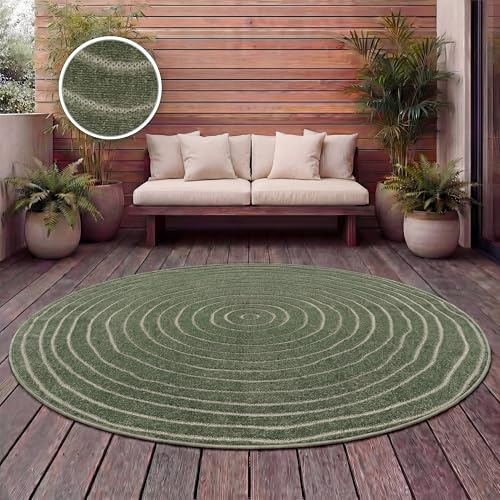 Paco Home Teppich Outdoor Wetterfest, Moderne abstrakte Boho Designs mit 3D Struktur, Pflegeleicht, ideal für Terrasse Wohnzimmer & Küche, Grösse:160 cm Rund, Farbe:Grün 5
