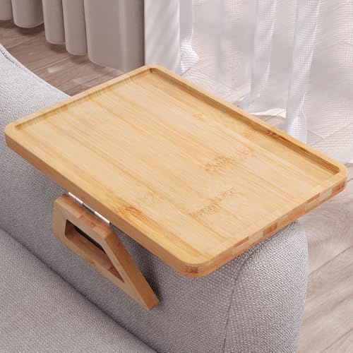 Fibogollo Bambus Sofatablett Armlehne,Festclip Couch Tablett Armlehnen Tray für Snacks,Handy,Control,Tassen(Natur)