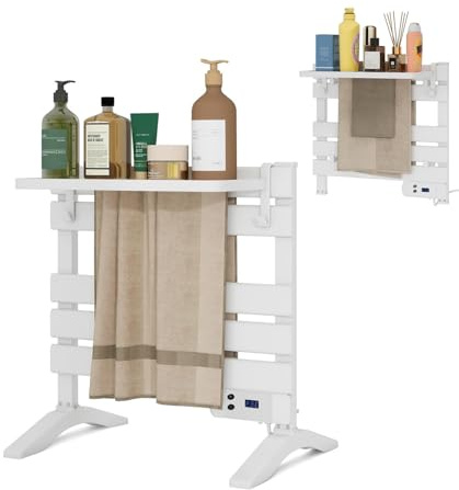 ZealWe Electric Towel Warmer Rail, White Heated Towel Rail with 8H Timer Thermostat and Removable Storage Shelf, IP34 Waterproof Free Standing Electric Heated Towel Rail for Bathroom, 55x52cm