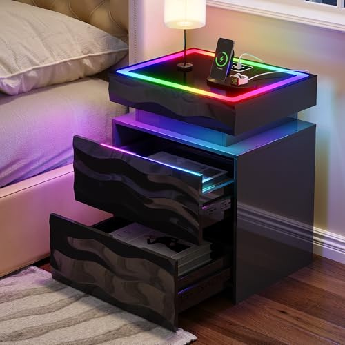 Lvifur Nachttisch mit RGB Beleuchtung & Intelligente Ladestation,Nachtschrank mit 1 USB-Anschlüsse & 1 Type-C-Anschlüsse für Schlafzimmer,Beistelltisch mit Bewegungsmelder für Wohnzimmer