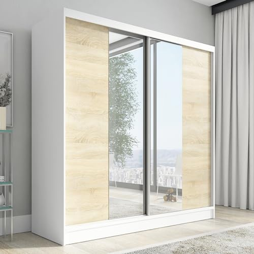 A&J MöbelLand Schwebetürenschrank Solo Kleiderschrank 2-türig mit Spiegel Garderobenschrank 200 cm (Weiß)