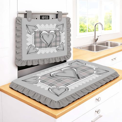 Set Cucina Copriforno 40x50 cm + Coprifornelli 46x70 100% microfibra anallergica Design Fiori Effetto Metallo e Balze - Protezione Completa 4 Colori stampa digitale 4K Made in Italy (Grigio)