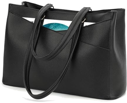 HiRiley Laptop Tote Bag for Women 15.6 Inch, Large Vegan Leather Work Handbag with Padded Laptop Compartment, Structured Water-Resistant Shoulder Bag for Office, Teacher, Business, Commuter Black