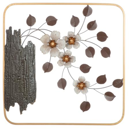 GILDE Wandrelief Kirschblüte aus Metall - antikfinish - braun und creme - quadratisch - Höhe 51cm x Breite 51cm