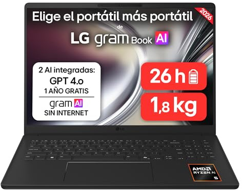 LG gram 16UD55U-G.AX55BN - Ordenador Portátil Ultraligero de 16 Ryzen AI 5 430, 16 GB RAM, 512 GB SSD, AMD Radeon Graphics, IPS Antirreflejo, 1800g, 26 h, FreeOS,Teclado ES, Negro carbón