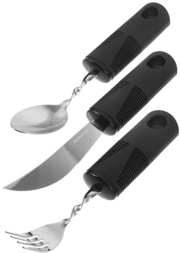 Cubiertos Antivibración Portátiles Adaptables Negro Acero Inoxidable | Antideslizante, Mango Plástico Resistente al Desgaste, Mayores, Uso Diario