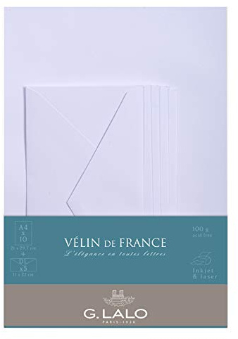 Clairefontaine Lalo 63000L Korrespondenz Set Vélin de France (mit 10 Blatt DIN A4, 100g, gerade Kante und 5 Umschläge DL, nassklebend und gefüttert) Weiß